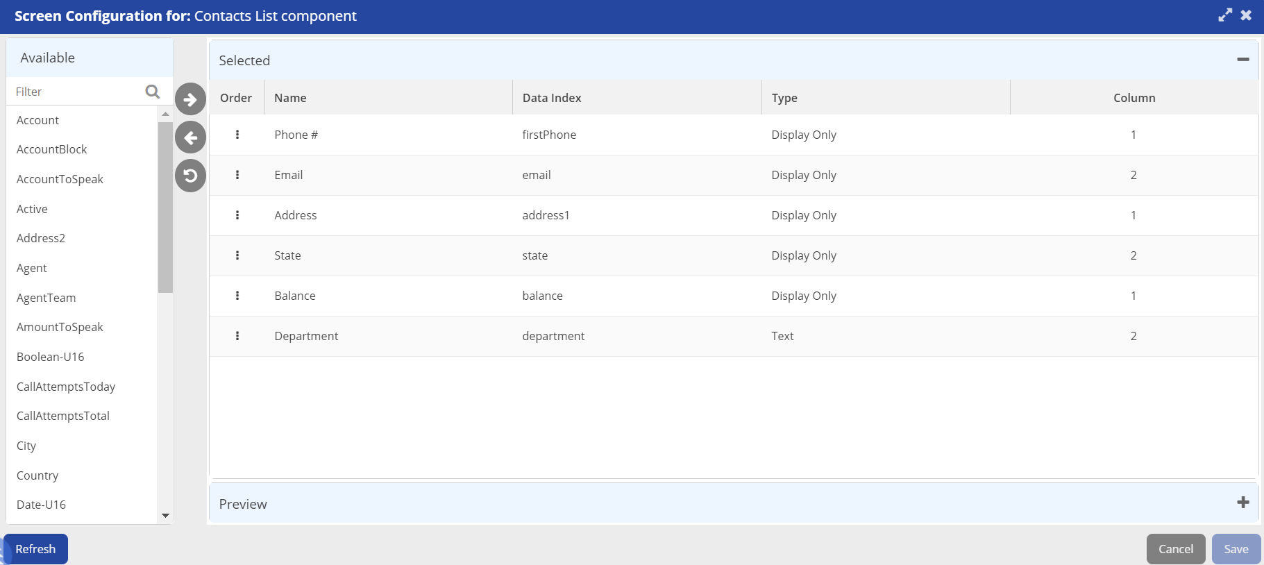 Screen Configuration Window